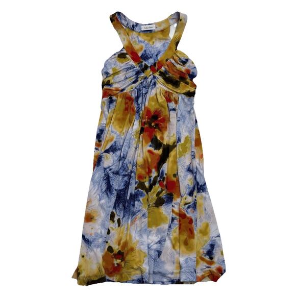 Calvin Klein V-neck Sleeveless Dress 8 Boho Artsy Rouched Halter Floral Painted - Picture 1 of 10